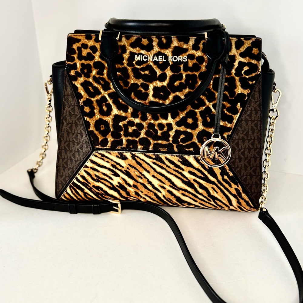 Michael Michael Kors NEW Large Prism Satchel Bag with Calf Hair Animal Print